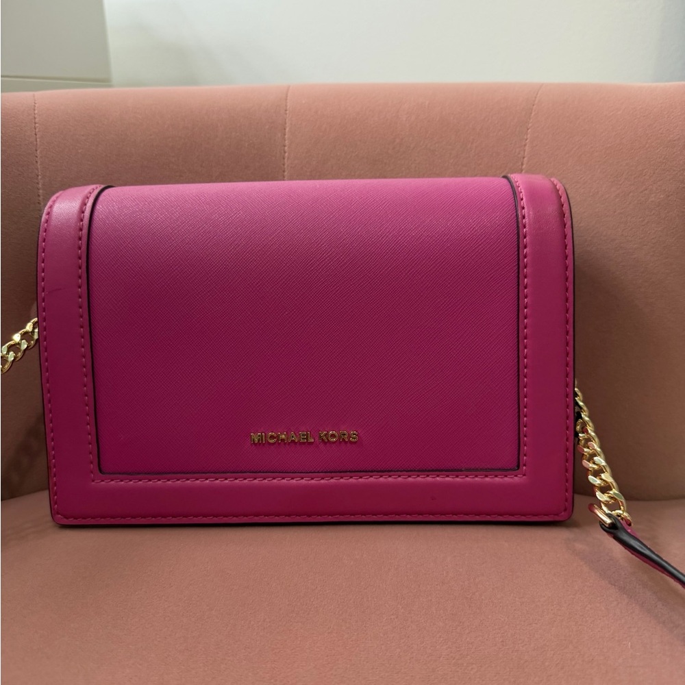 Michael Kors Hot Pink Saffiano Leather Crossbody with Gold Chain
